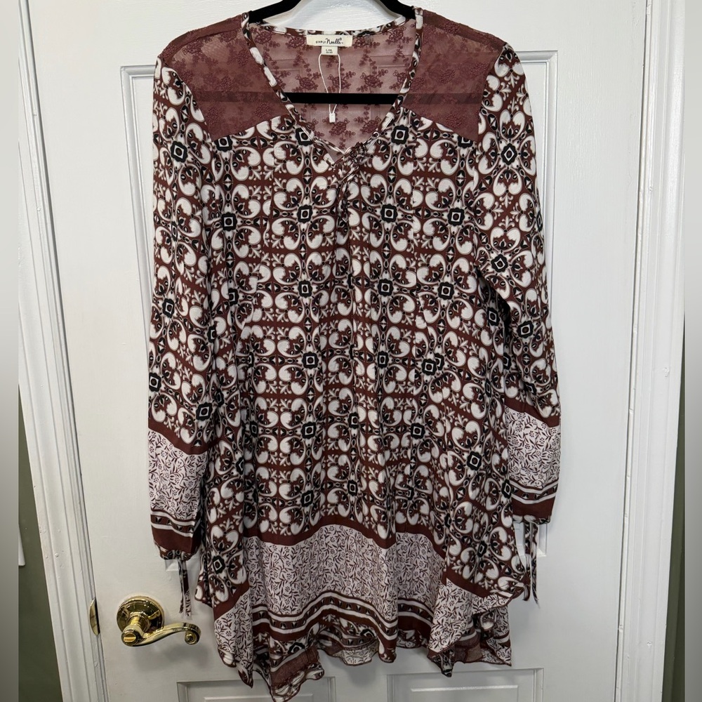 Simply Noelle Brown Boho Print Tunic Top Size L/XL